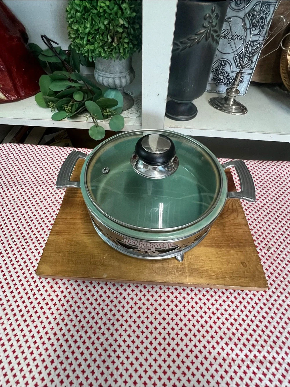 Vintage oven proof USA stoneware dish with metal holder grandma core cookware